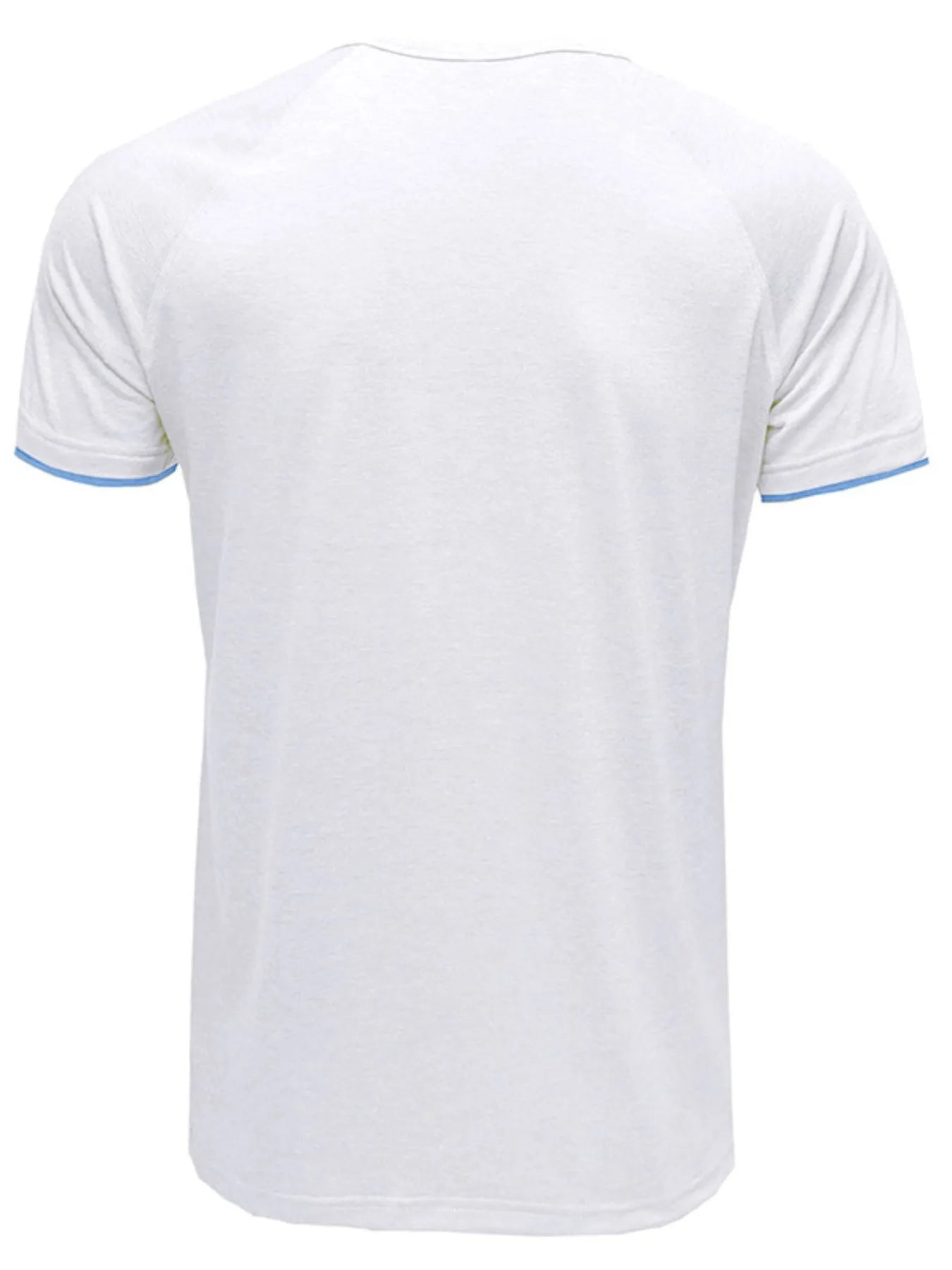 White henley polo shirt back view with blue contrast trim on collar and sleeves.