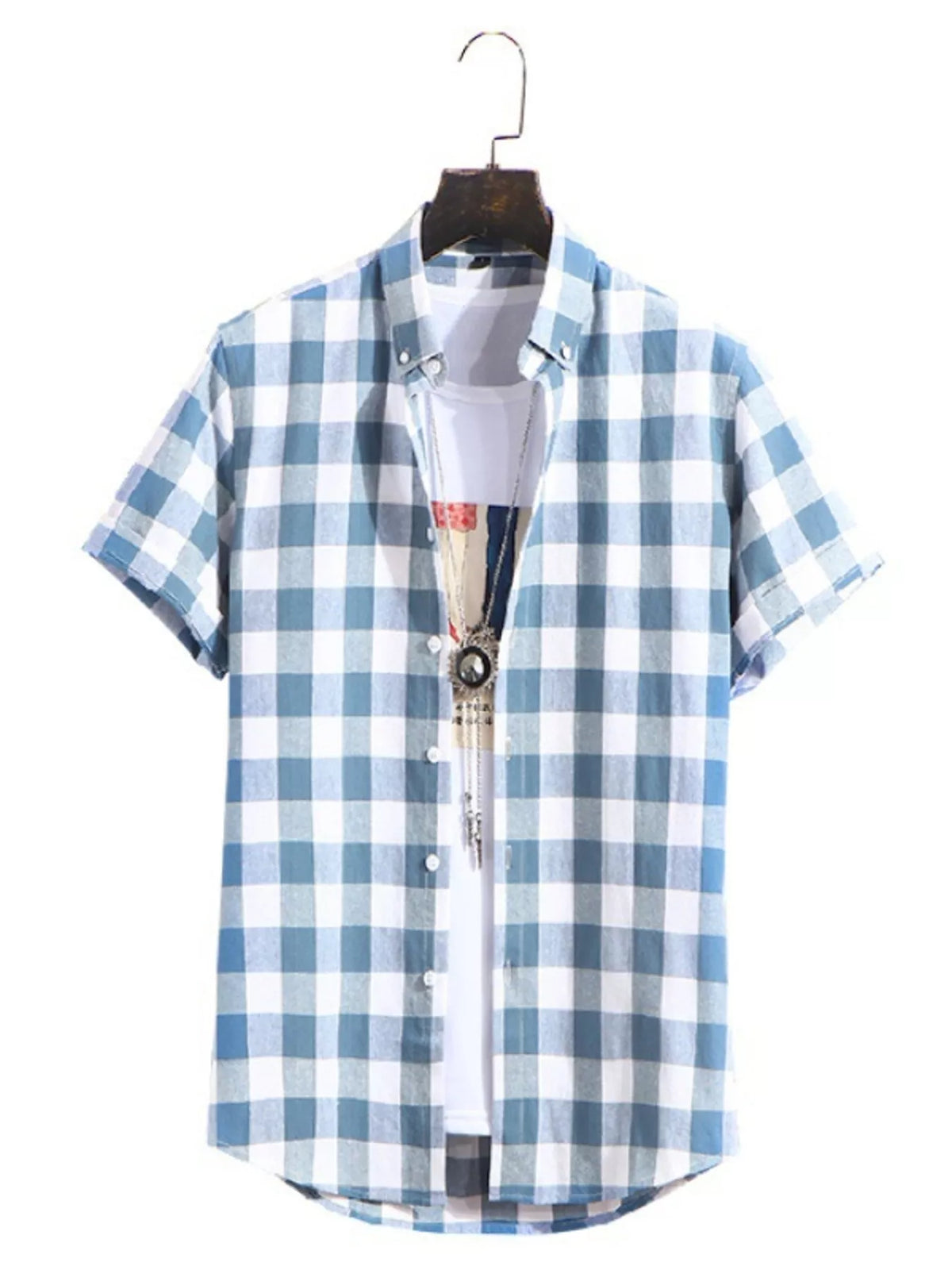 Men's blue and white plaid short-sleeve button shirt with point collar