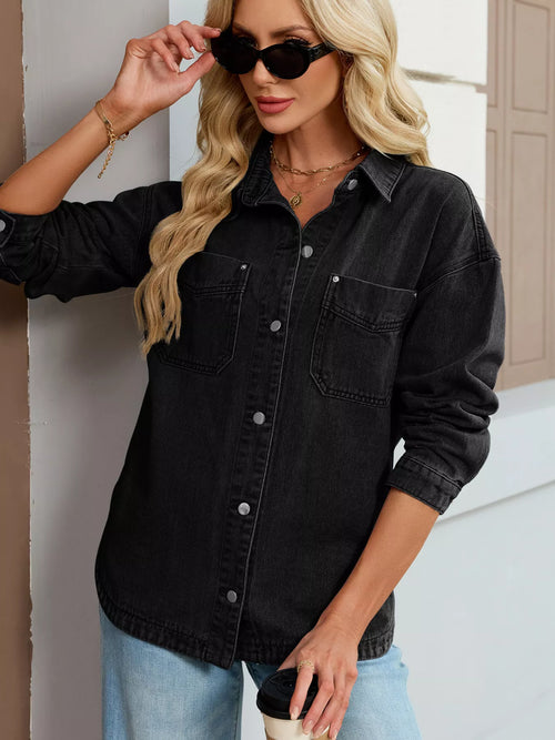 Black denim button-up jacket with dropped shoulder, button front, chest flap pockets.