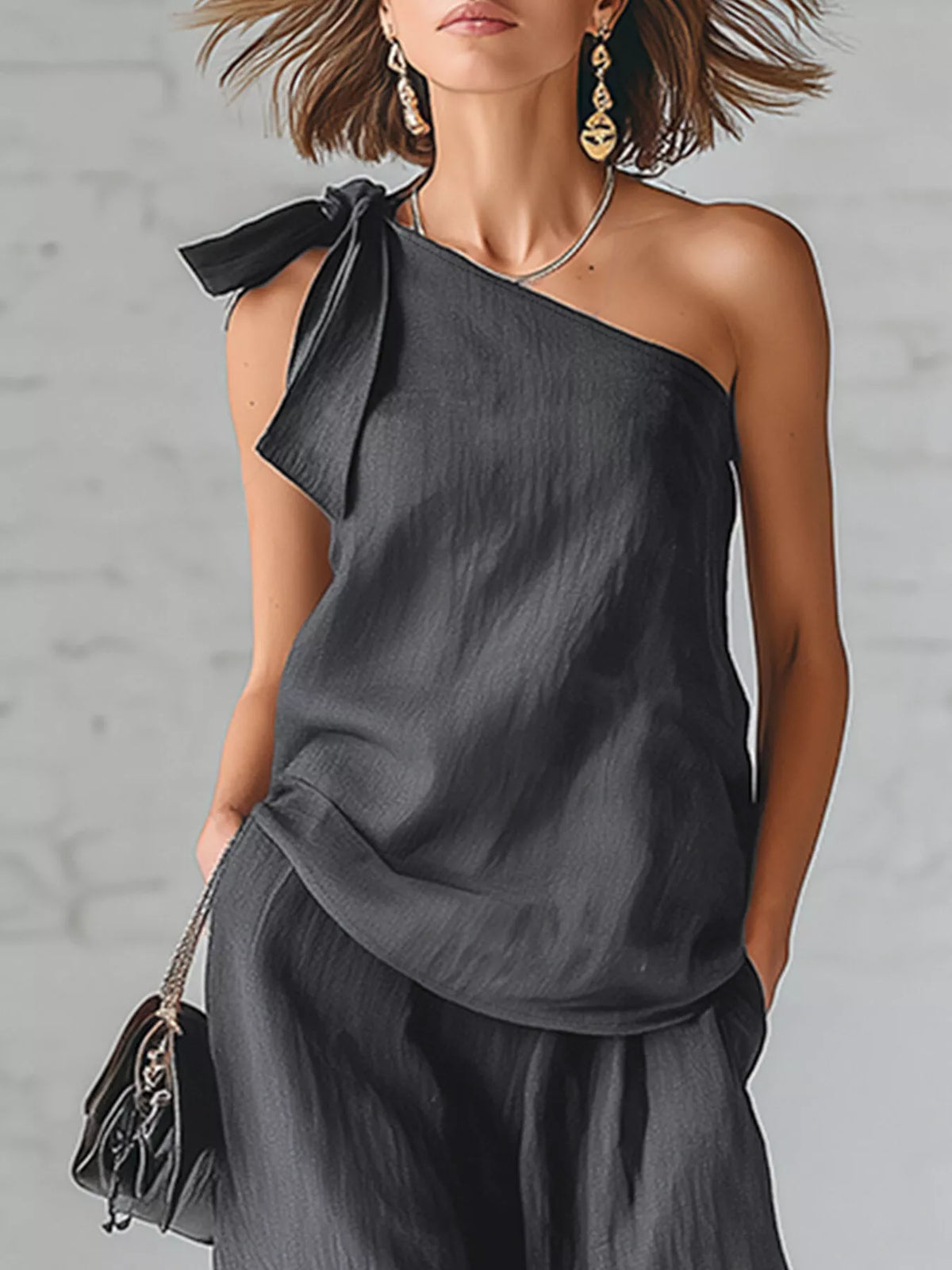 Gray one-shoulder bow top and wide-leg pants set, layered ruffle hem