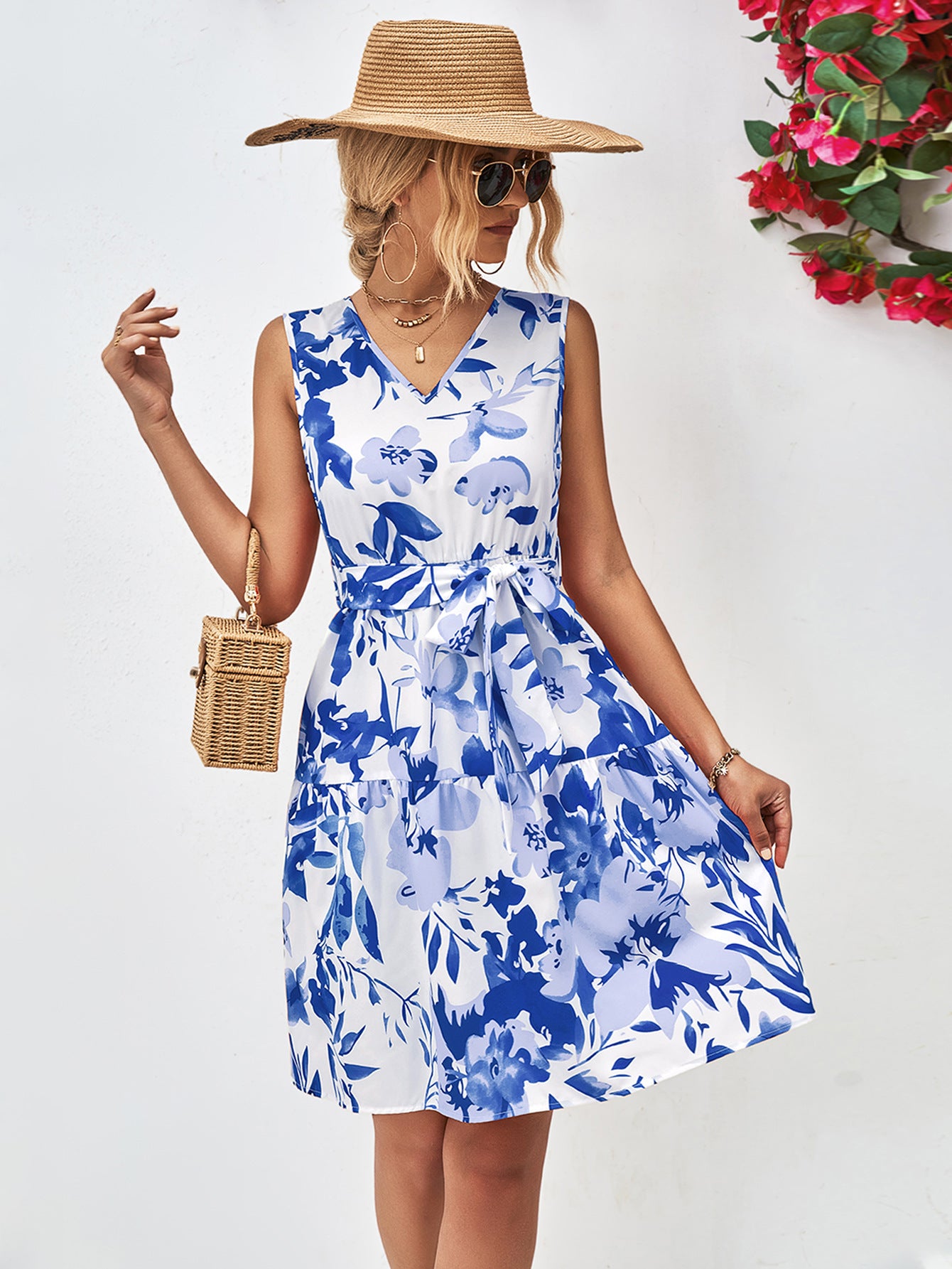 Floral V-neck sleeveless tie-waist dress, blue floral print, ruched tie at waist