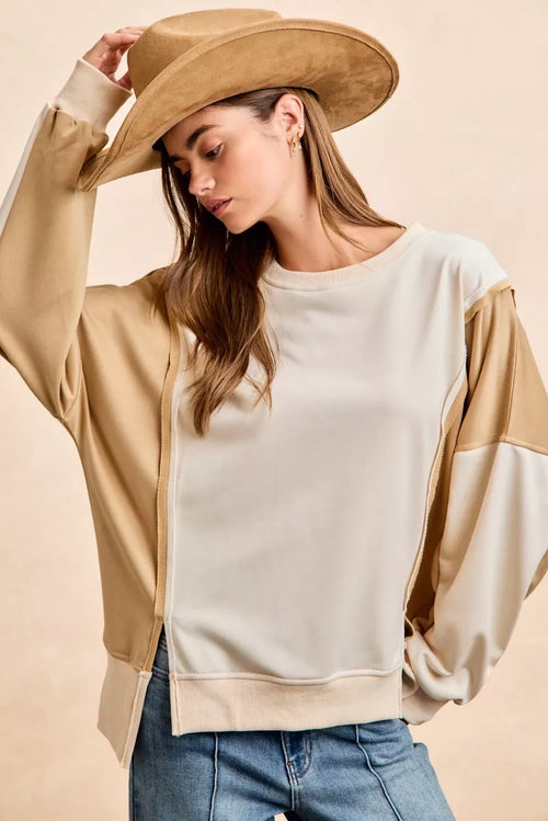 Color block french terry top with sand sleeve panels and ivory body, crew neck