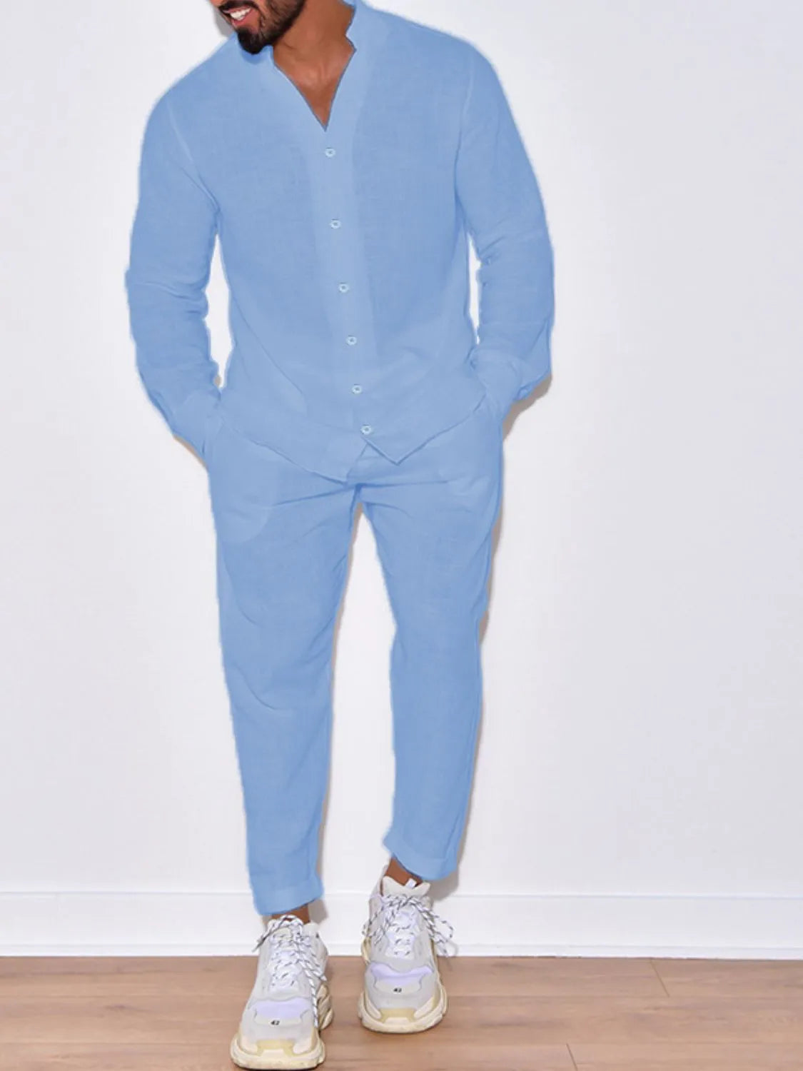 Men's button-up long sleeve shirt and pants set, sky blue, twist-front detail