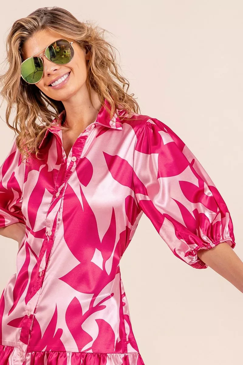 Cedar & Moore BiBi Leaf Pattern Collared Satin Dress in pink with bold leaf print