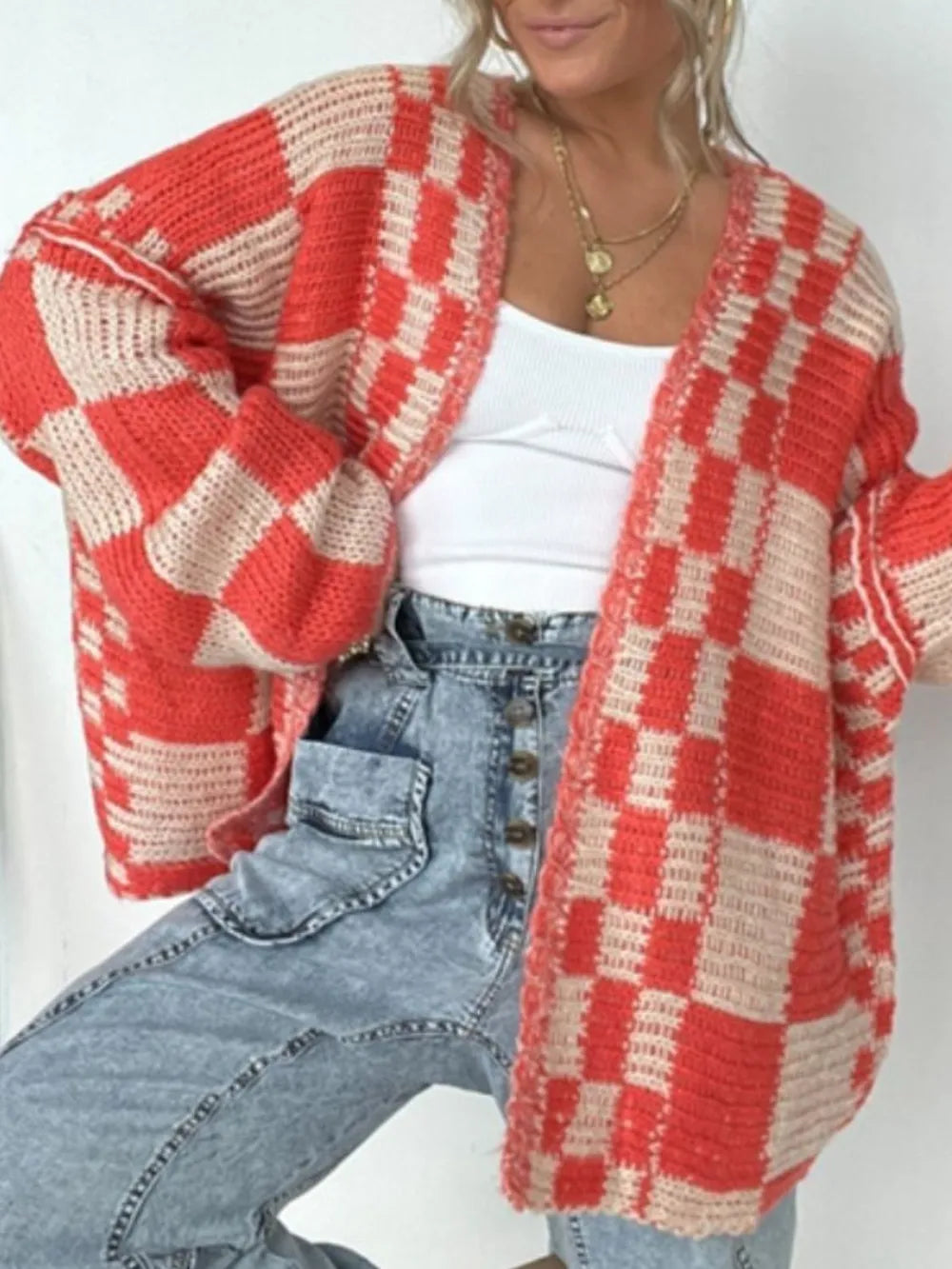 Plaid open-front long sleeve cardigan in red and cream knit