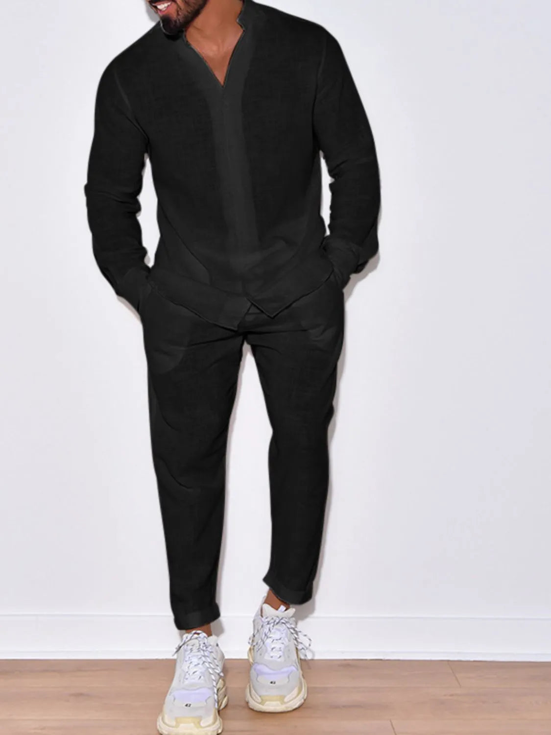 Men's button-up long sleeve shirt and pants set, black, twist-front detail