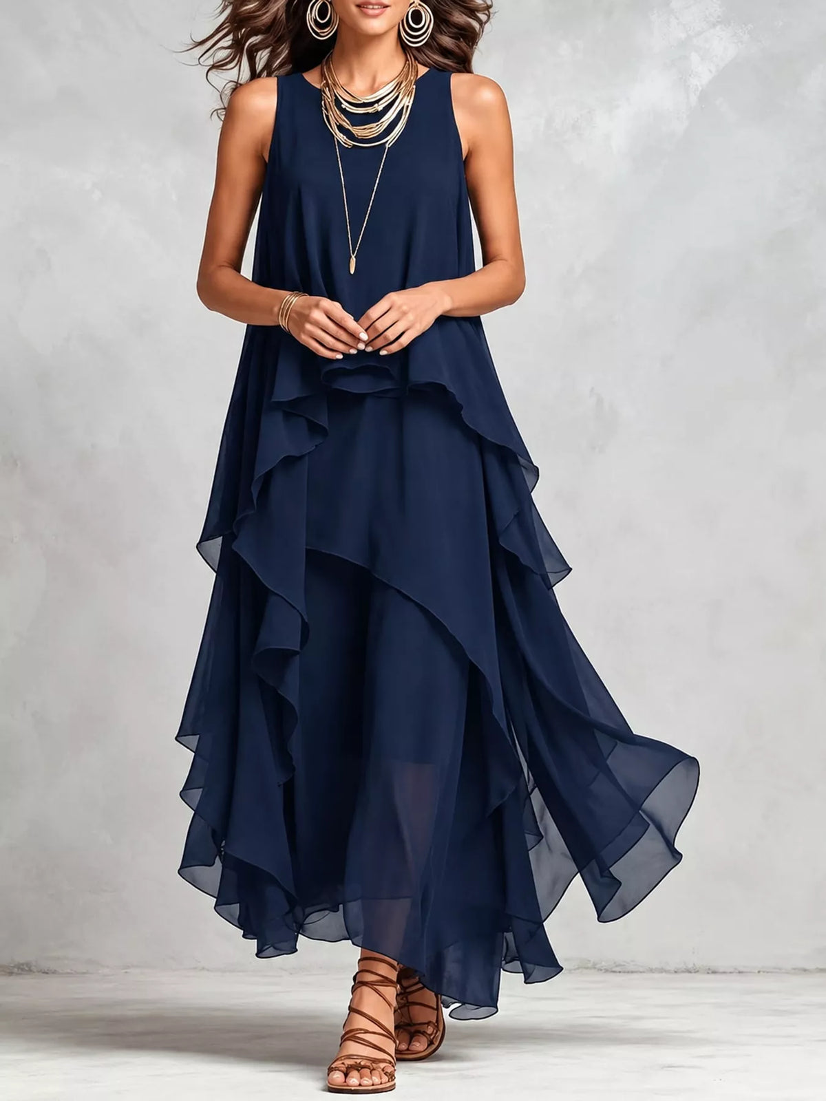 Navy sleeveless round-neck maxi dress with cascading layered ruffle skirt