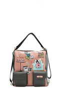 Apricot graphic backpack with black flap pockets and adjustable shoulder straps