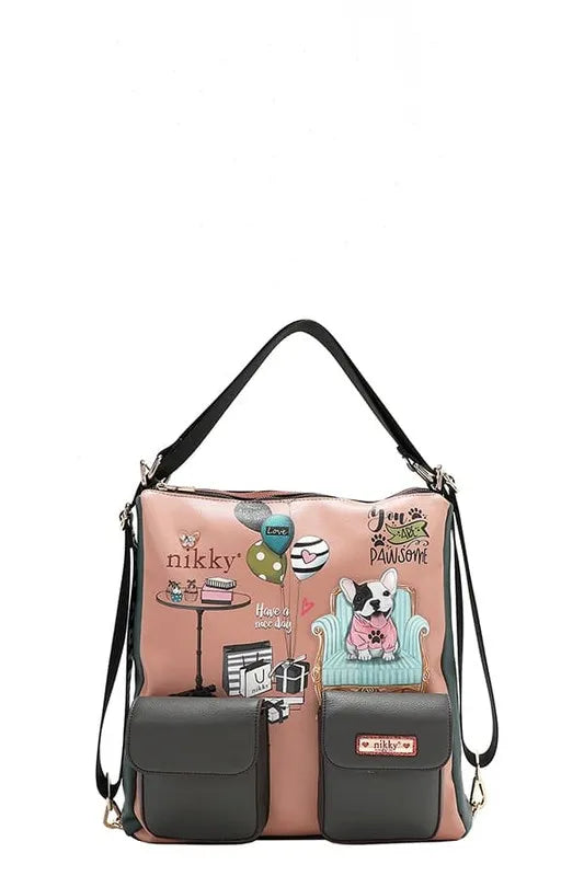 Apricot graphic backpack with black flap pockets and adjustable shoulder straps