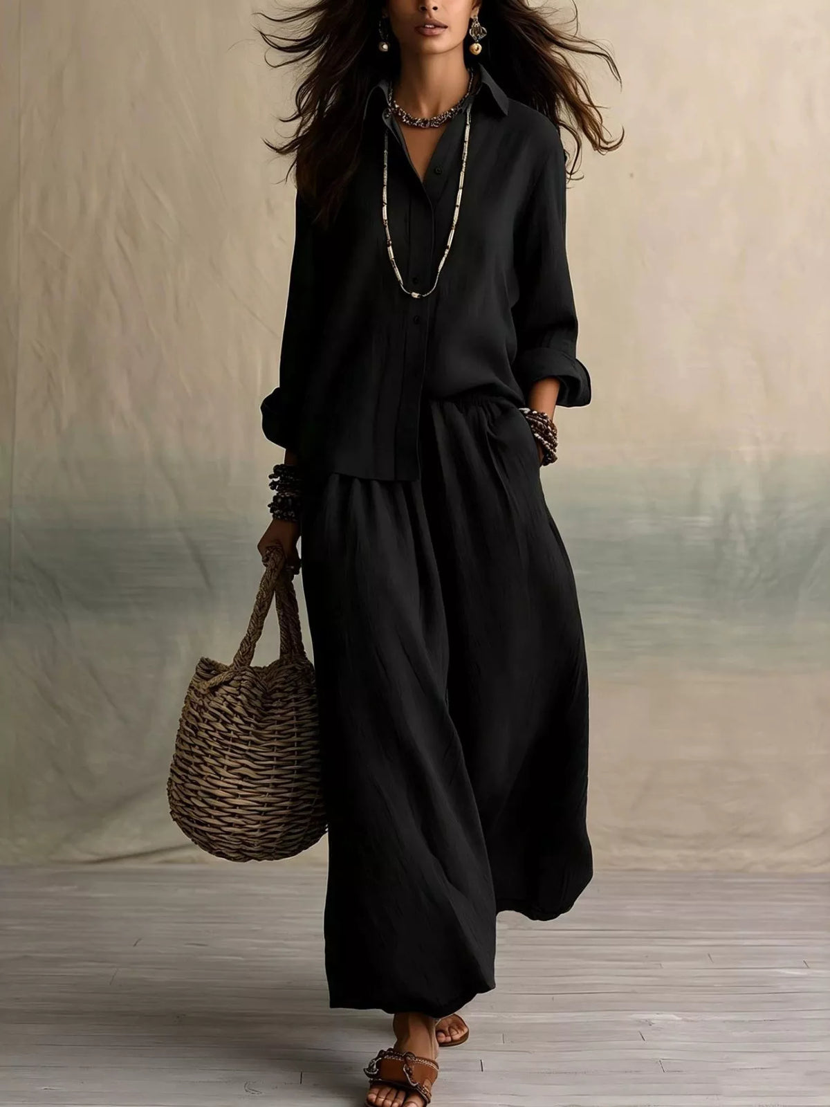 Black button-up shirt and wide-leg pants two-piece set with gathered waist
