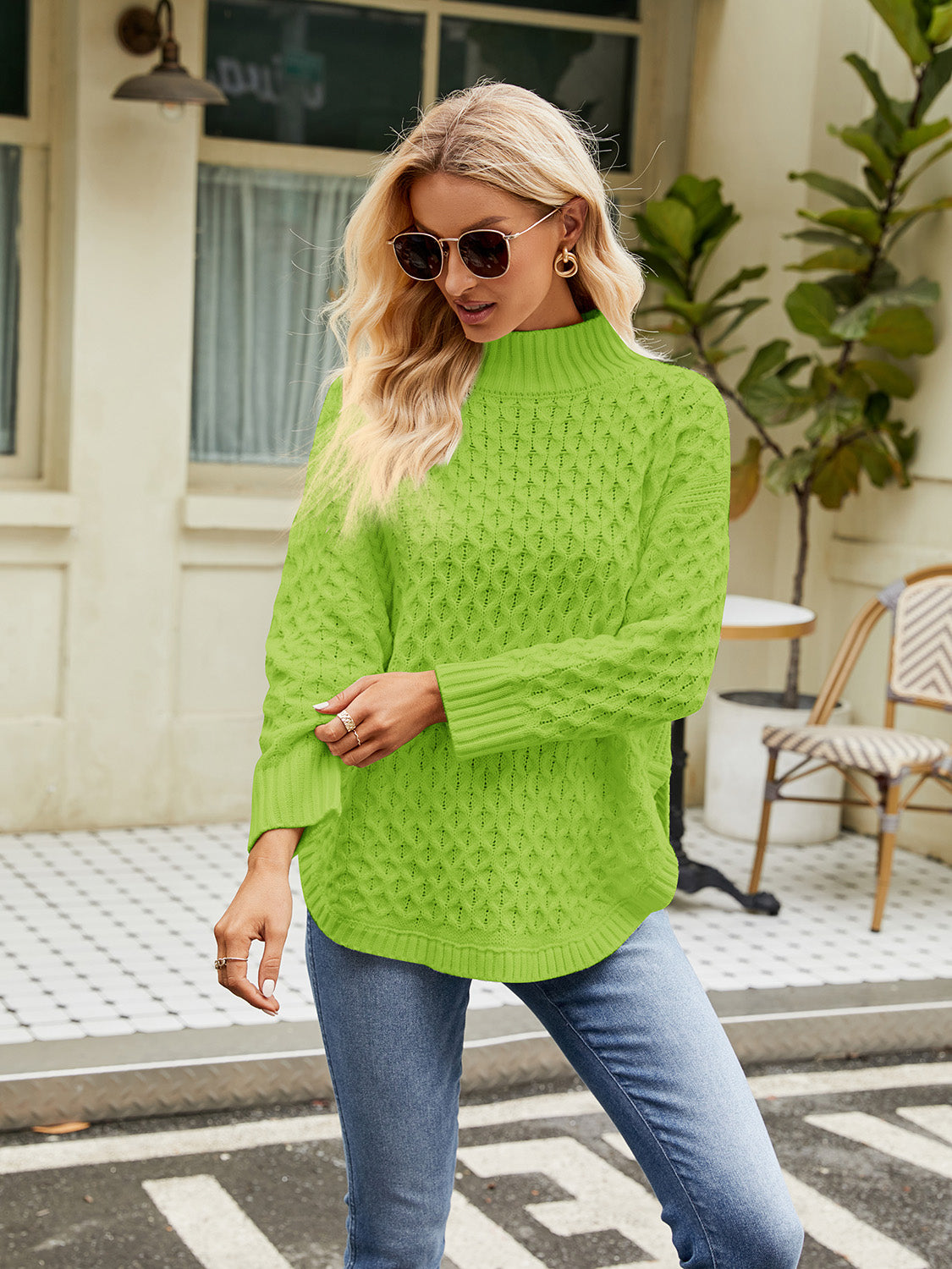 Lime green mock neck knit sweater, textured diamond pattern, long sleeves