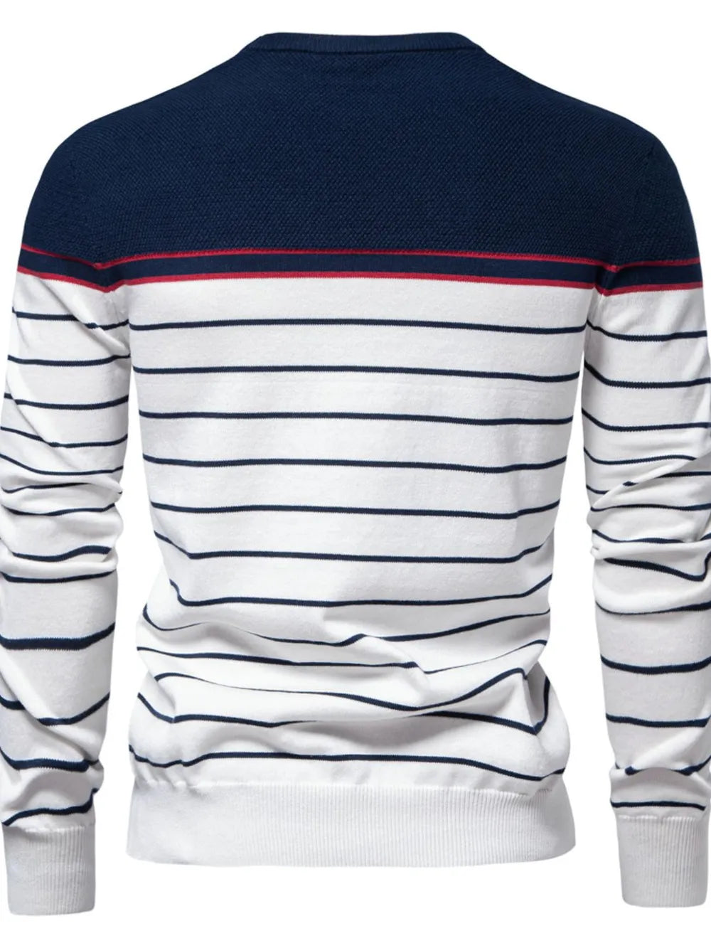 Men's navy striped round-neck long-sleeve sweater, back view with red/white stripes