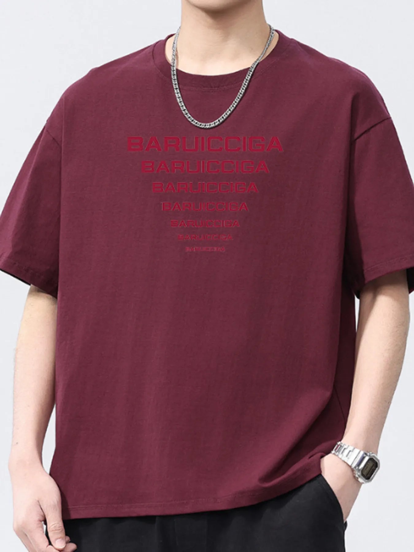 Wine red round-neck short-sleeve T-shirt with red logo text print.