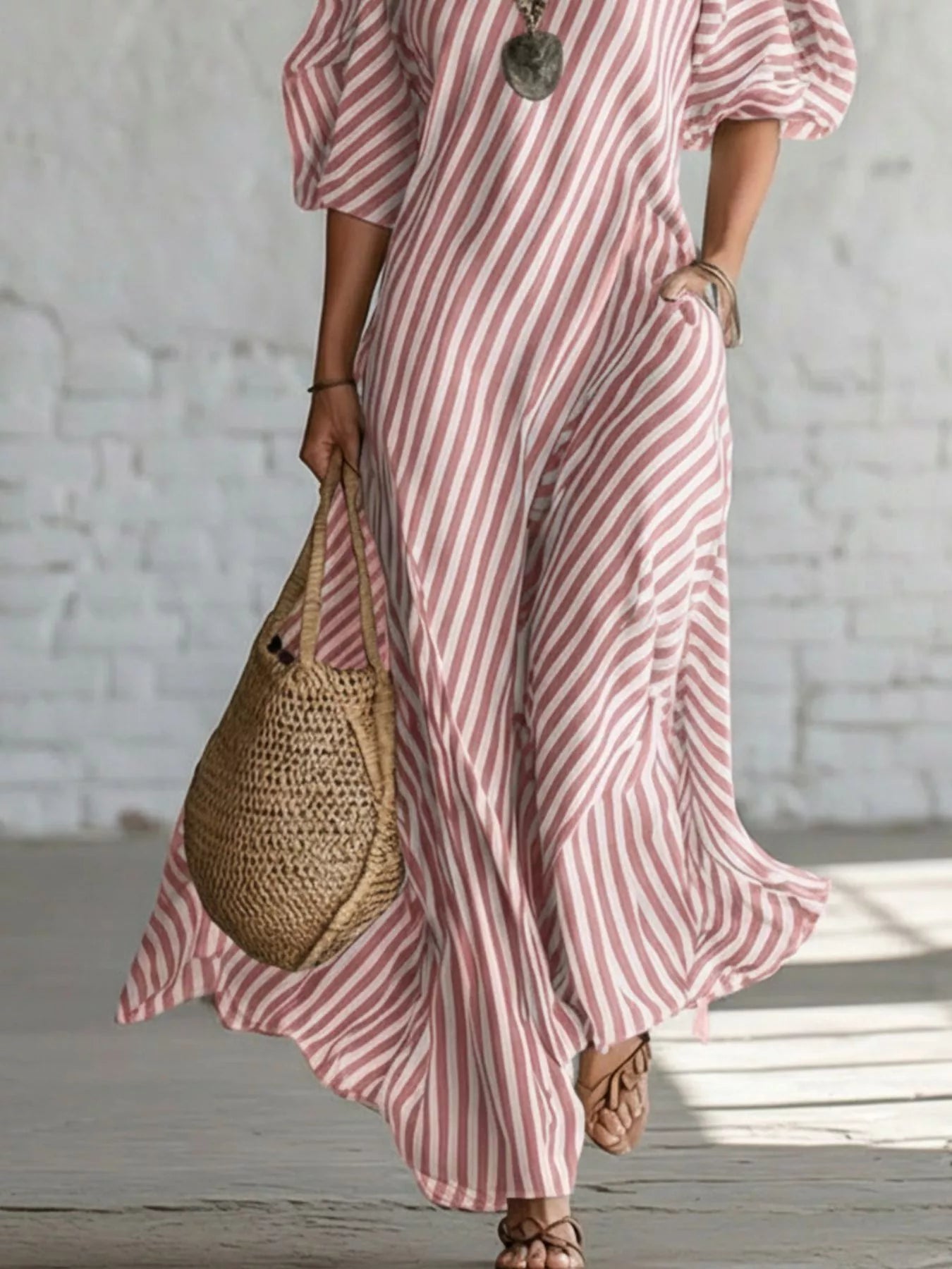 Cedar & Moore Full Size Striped One-Shoulder Casual Maxi Dress Plus Size, pink and white stripes