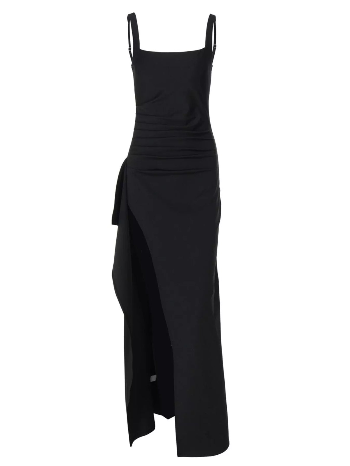 Black square-neck ruched maxi dress with side slit and asymmetric drape panel