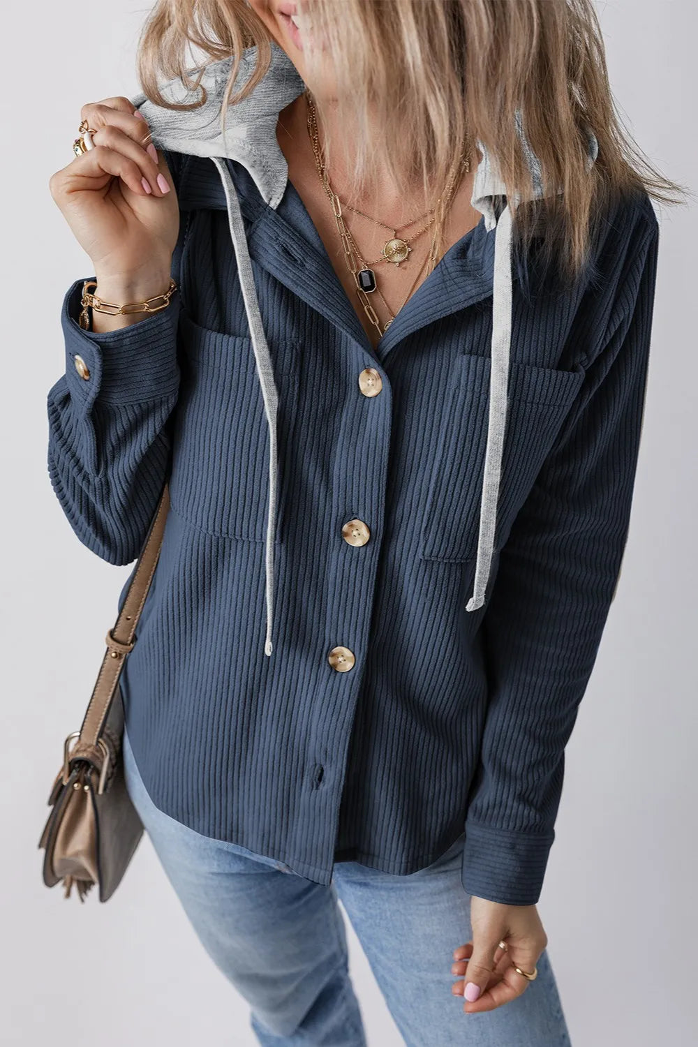 Navy ribbed button-up hooded jacket with drawstring and long sleeves