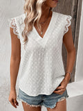 White lace V-neck cap-sleeve top with scalloped edges