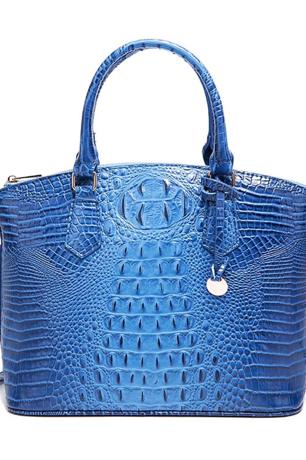 Sky blue croc-embossed vegan leather handbag with top handles and gold-tone hardware