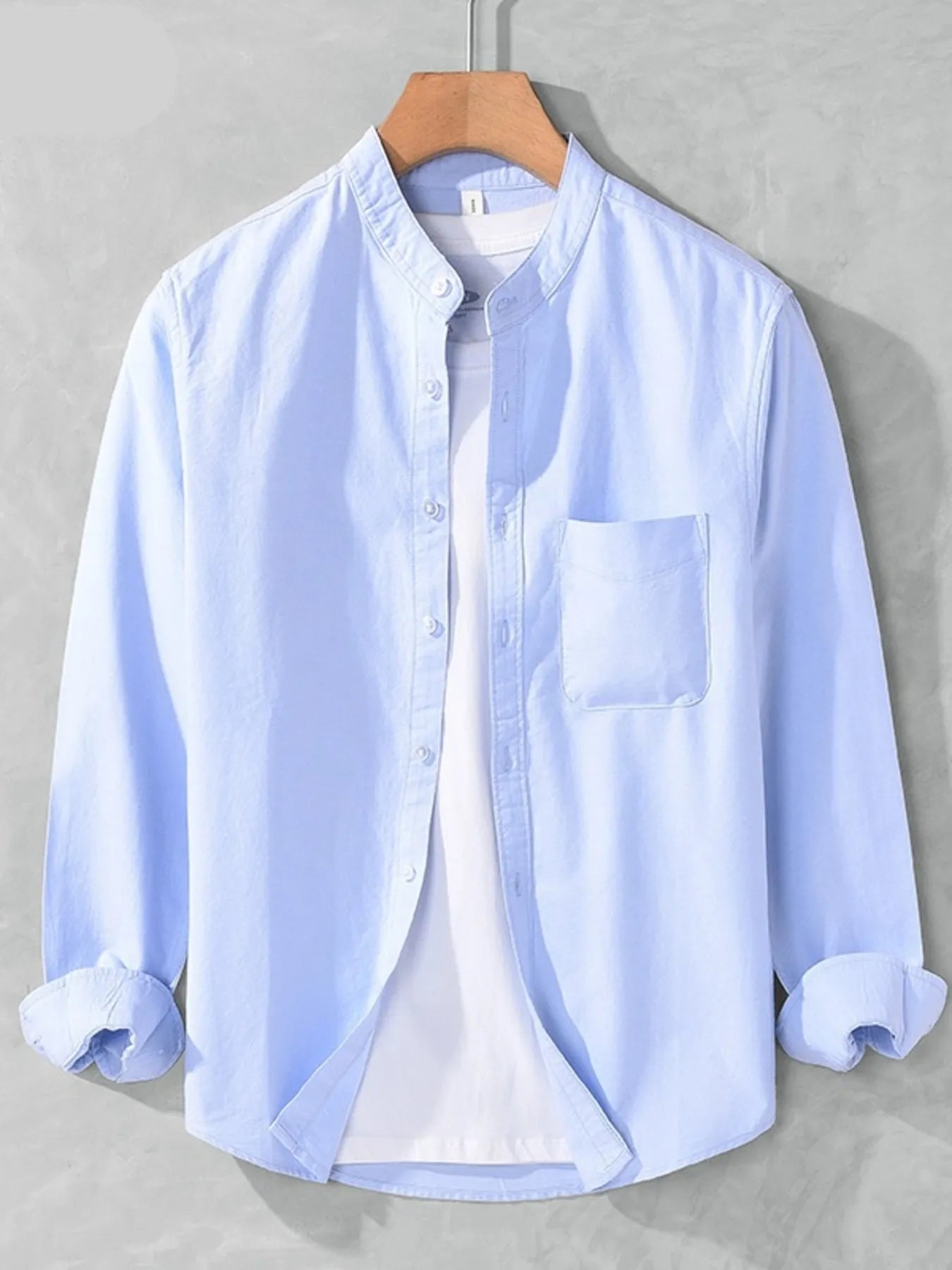 Light blue men's plus-size button-up long-sleeve shirt with chest pocket, button front
