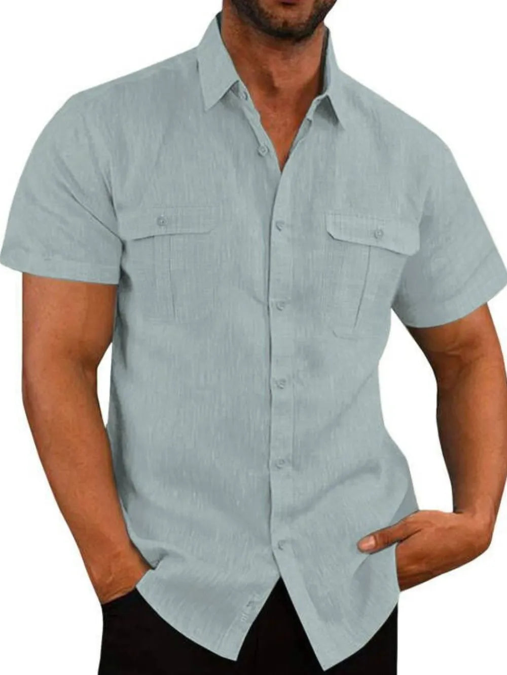 Light gray men's short-sleeve collared button-up shirt with chest pockets