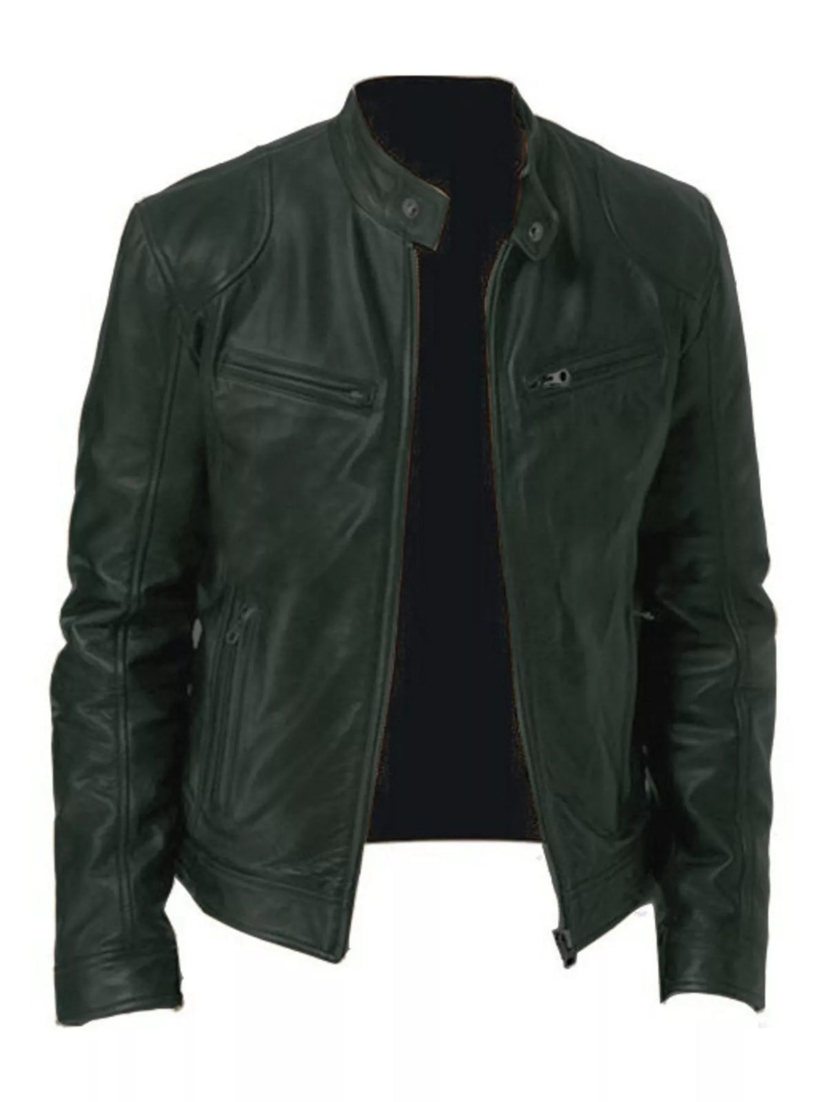 Men's zip-up vegan leather jacket, dark green, stand collar with front zip and chest pocket