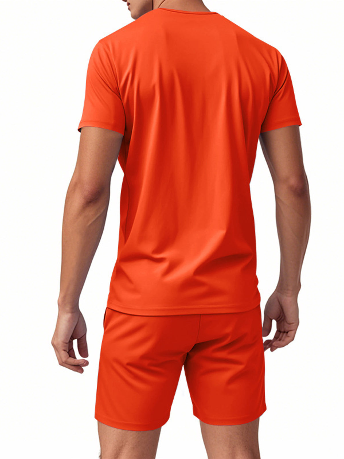Men's orange V-neck stretch tee and matching shorts set, back view with short sleeves.