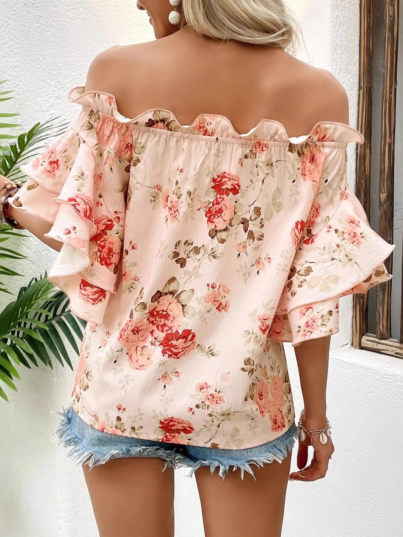 Floral Print Ruffle Off-Shoulder Blouse in pink with tiered flutter sleeves, non-stretch fabric