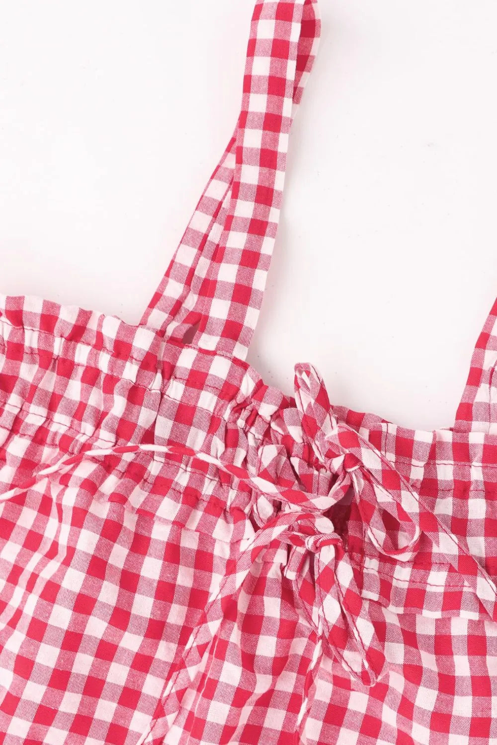 Coral gingham tied-front square-neck cami with ruched bodice and bow tie
