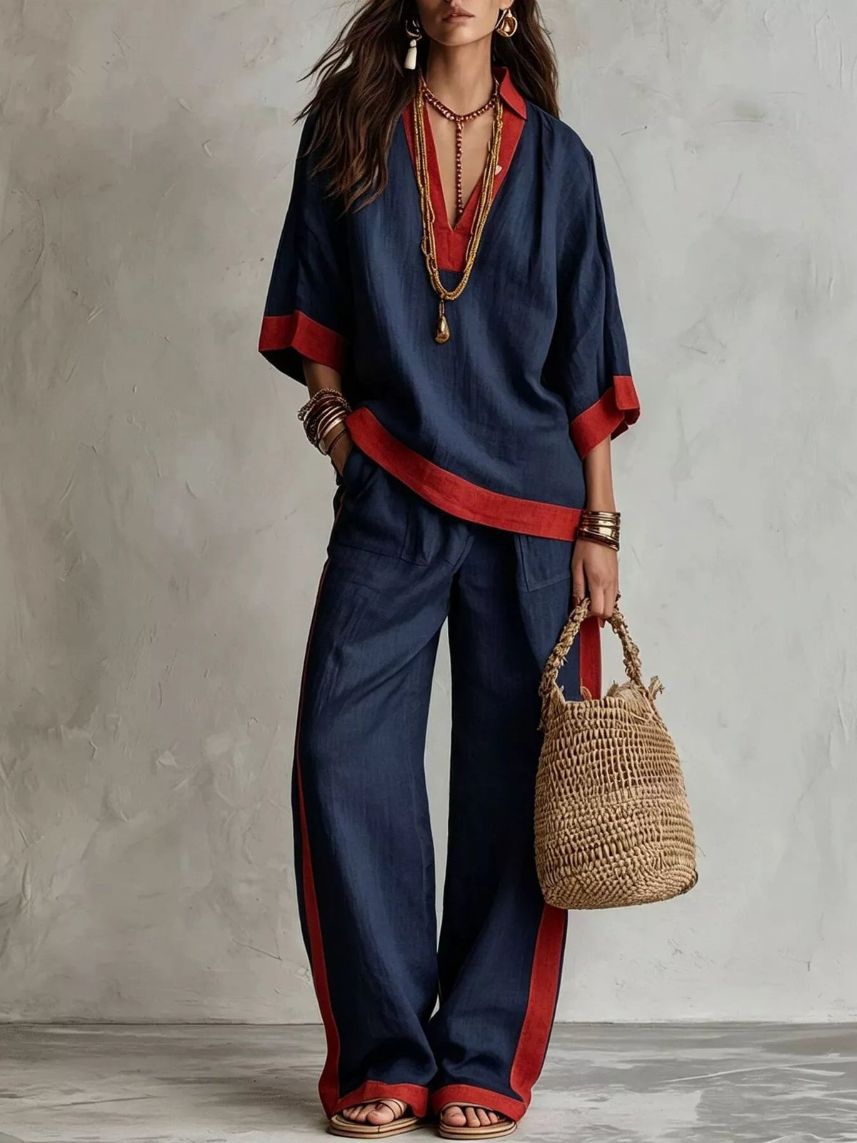 Navy blue top and wide-leg pants set with red contrast trim, relaxed wide fit