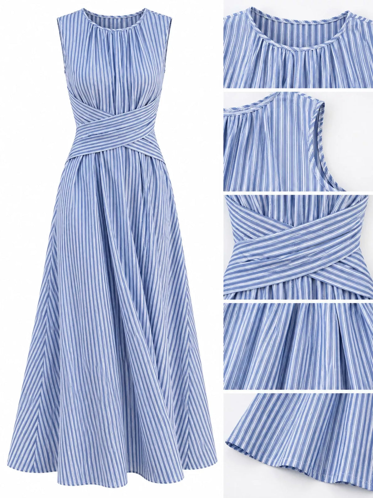 Light yellow striped sleeveless maxi dress close-up of crisscross waist and pleats