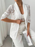 White lace lapel long-sleeve blazer, open front with textured floral pattern