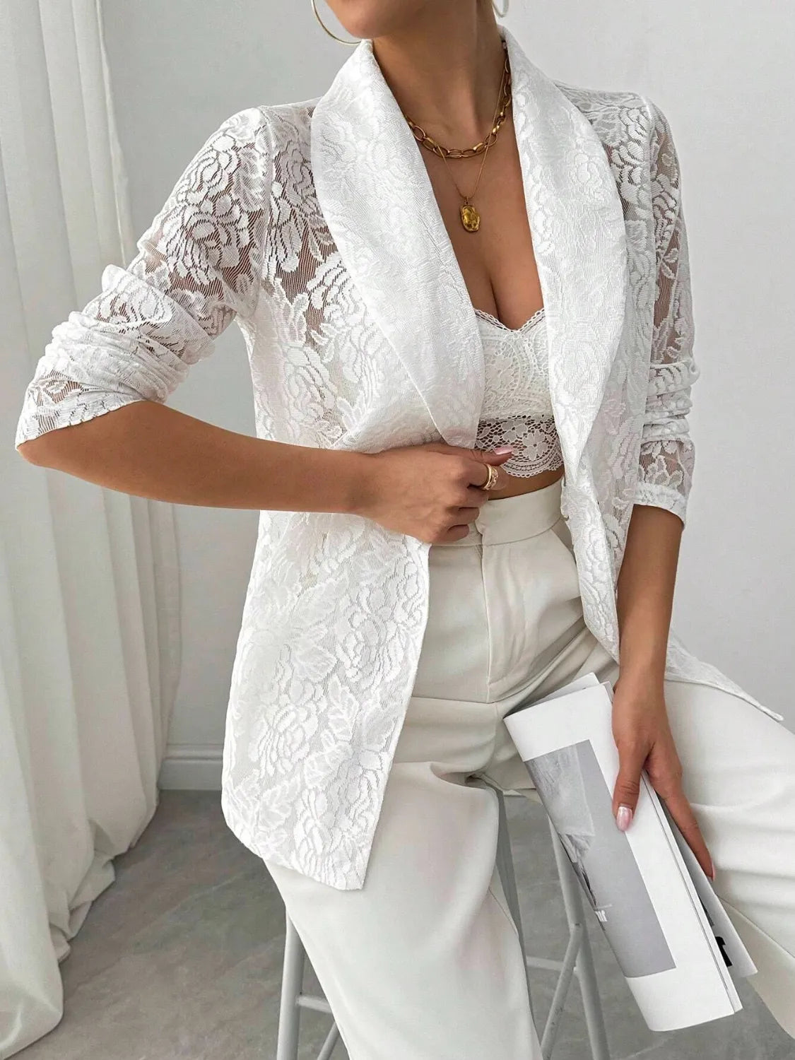 White lace lapel long-sleeve blazer, open front with textured floral pattern