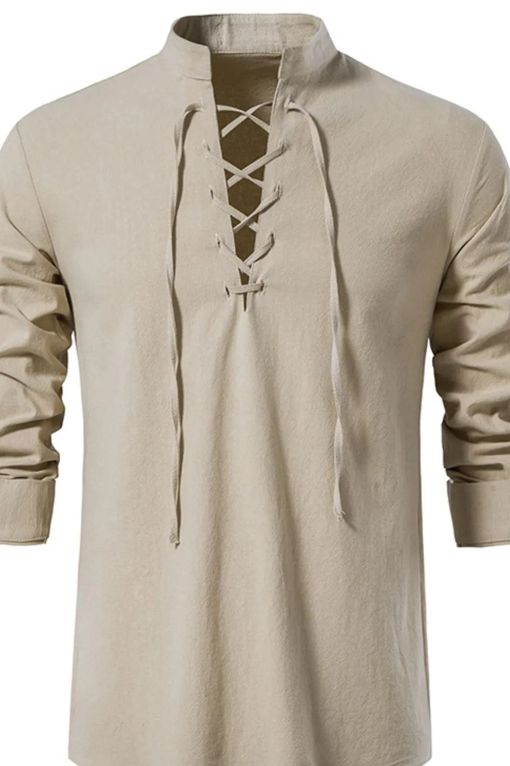 Men's lace-up long sleeve blouse in beige, stand collar with front eyelet lacing