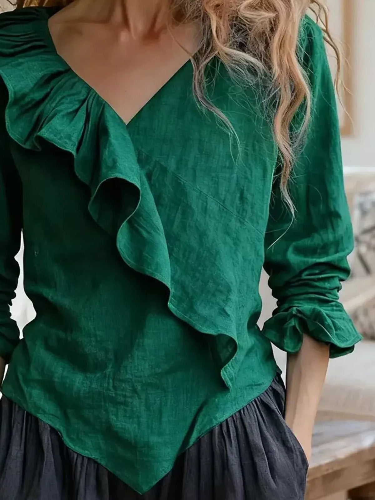 Ruffled V-neck long-sleeve blouse in dark green, asymmetric layered ruffle panel