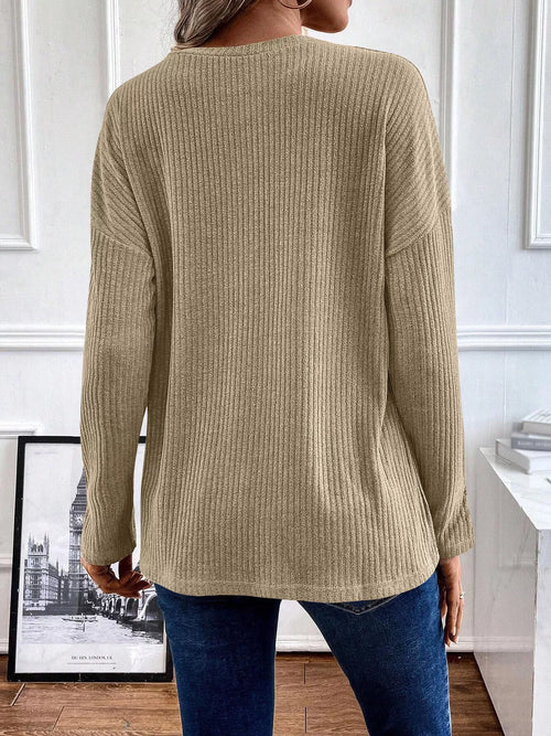 Khaki ribbed dropped-shoulder top with crew neck, long sleeves, and back view