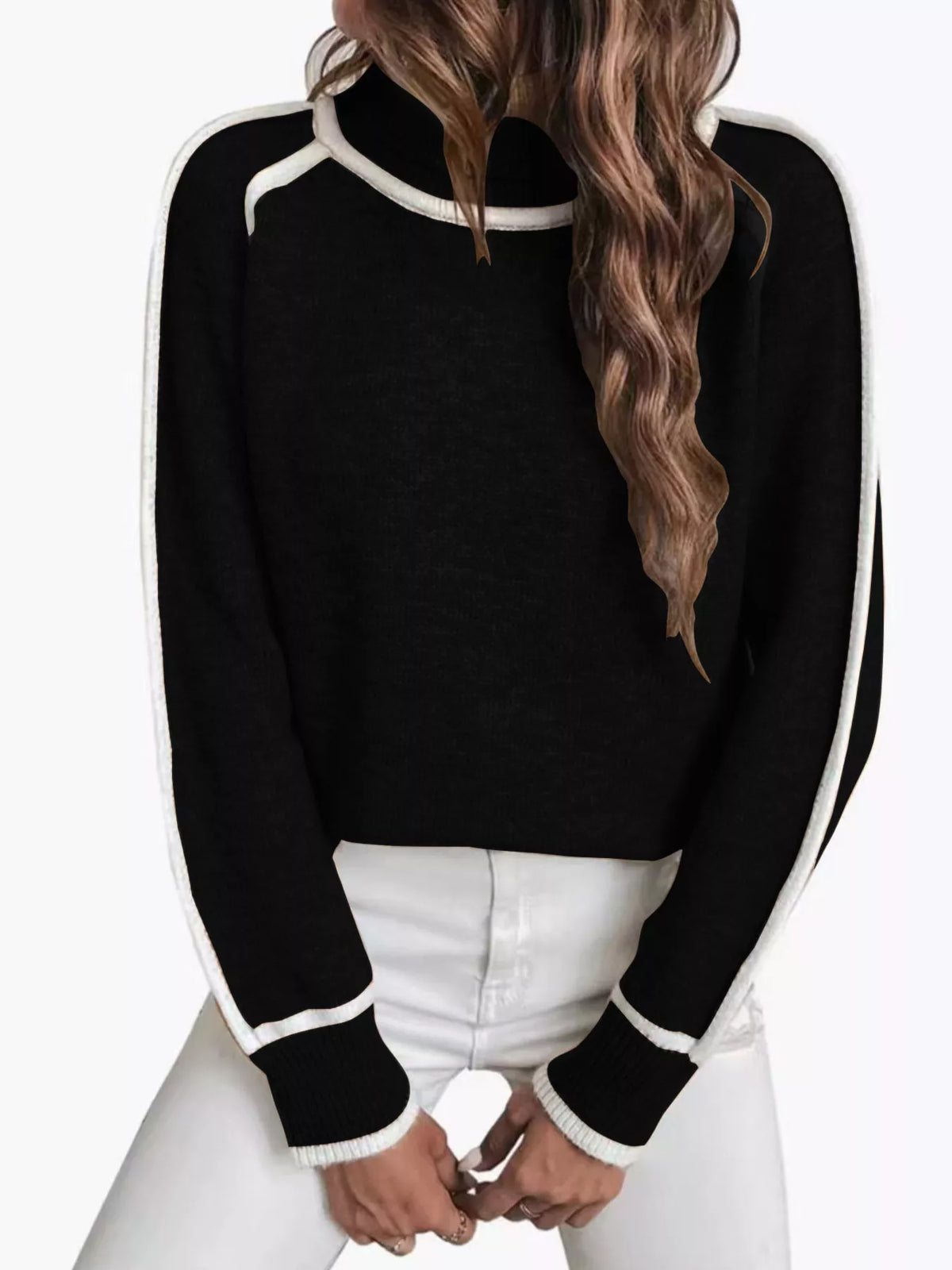 Black turtleneck sweater with contrast ribbed hem, cuffs, and long sleeves