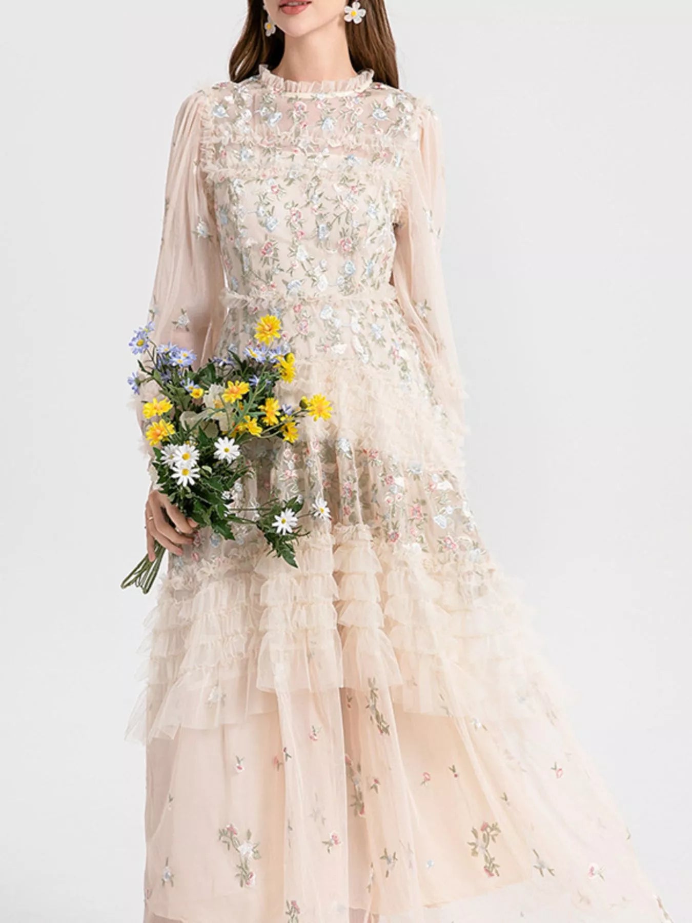 Cedar & Moore Floral Tulle Layered Maxi Dress in blush with lace embroidery and mesh accents