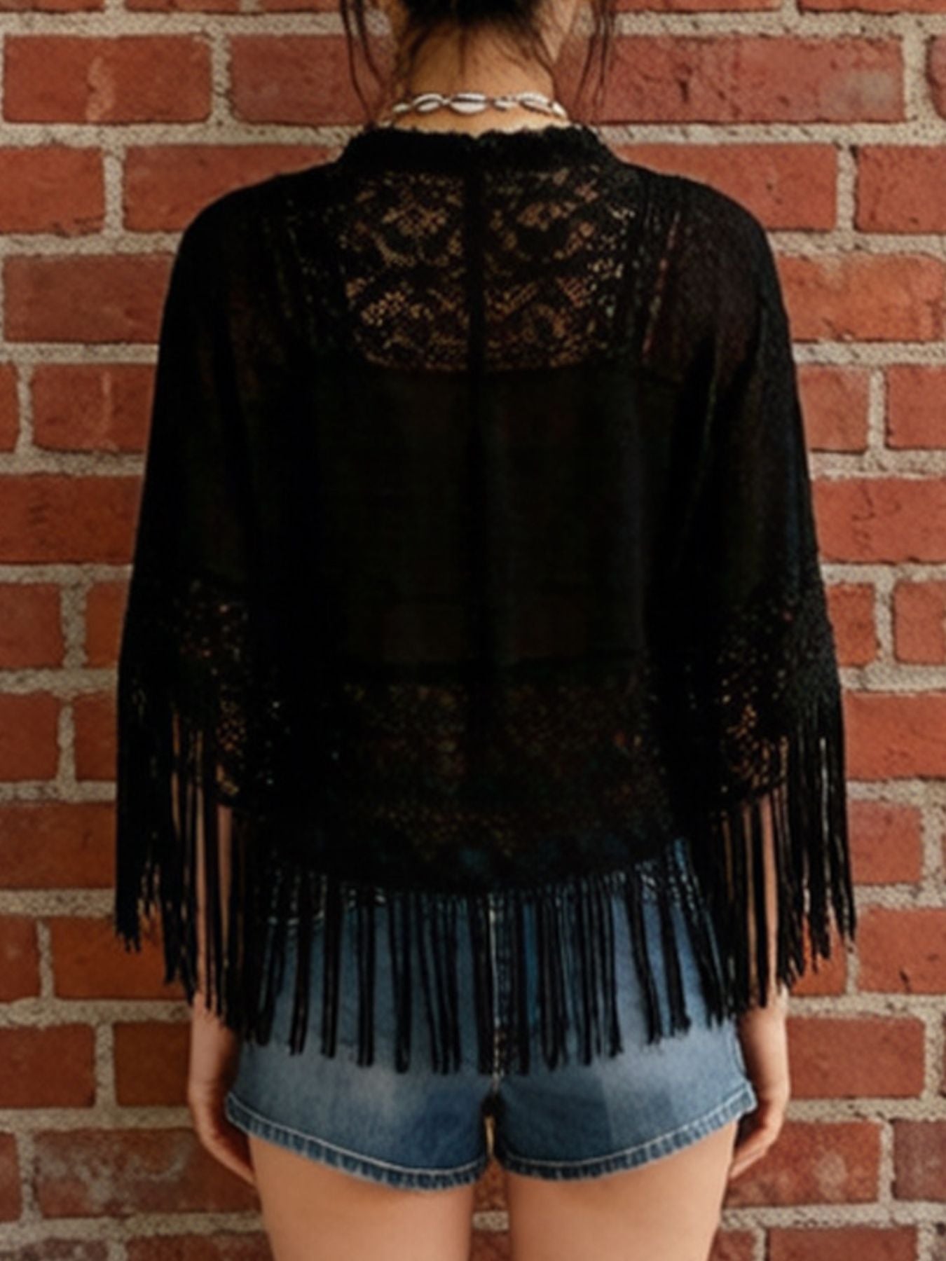 Cedar & Moore Lace Fringe Cover-Up in black sheer lace with fringe hem