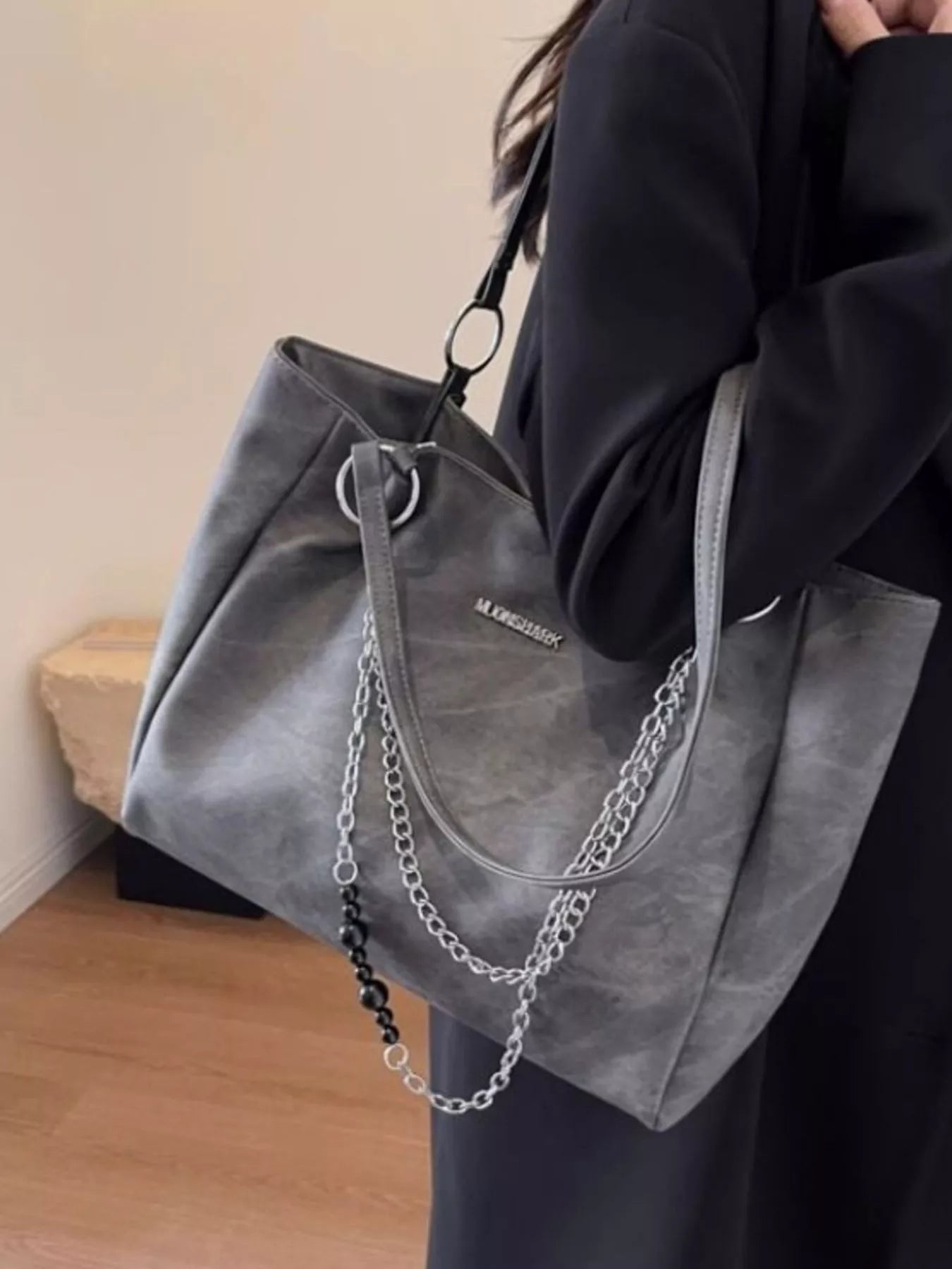 Chain Decor Shoulder Bag, large grey PU leather with silver chain accents, Trendsi