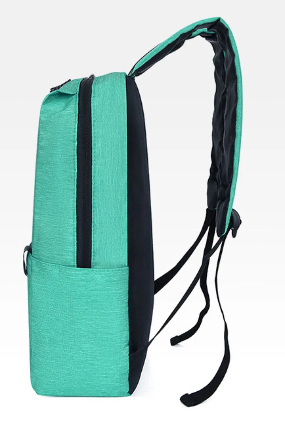 Turquoise nylon backpack with black trim and adjustable shoulder straps