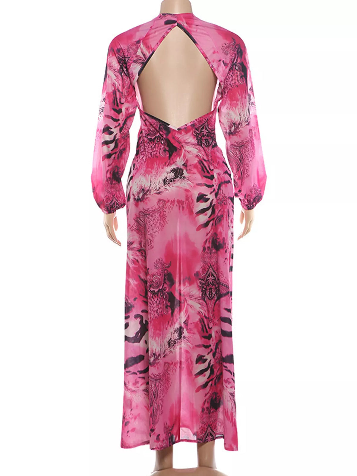 Pink printed maxi dress with open back and deep V cutout; long sleeves