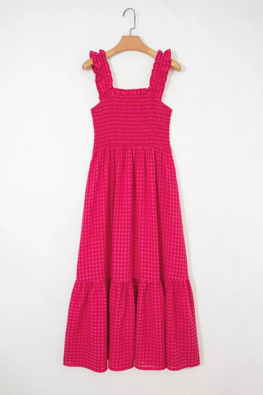 Deep rose square-neck sundress on hanger with ruffle straps and checkered tiered skirt