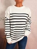 White striped round-neck drop-shoulder sweater, black horizontal stripes, ribbed cuffs