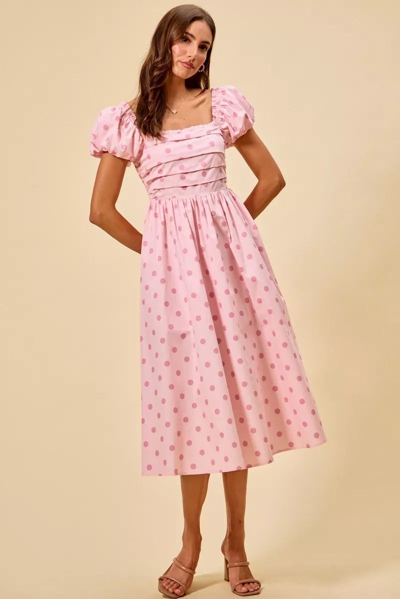 Cedar & Moore SO ME Polka Cotton Print Short Sleeves Midi Dress in pink with polka dots and puff sleeves