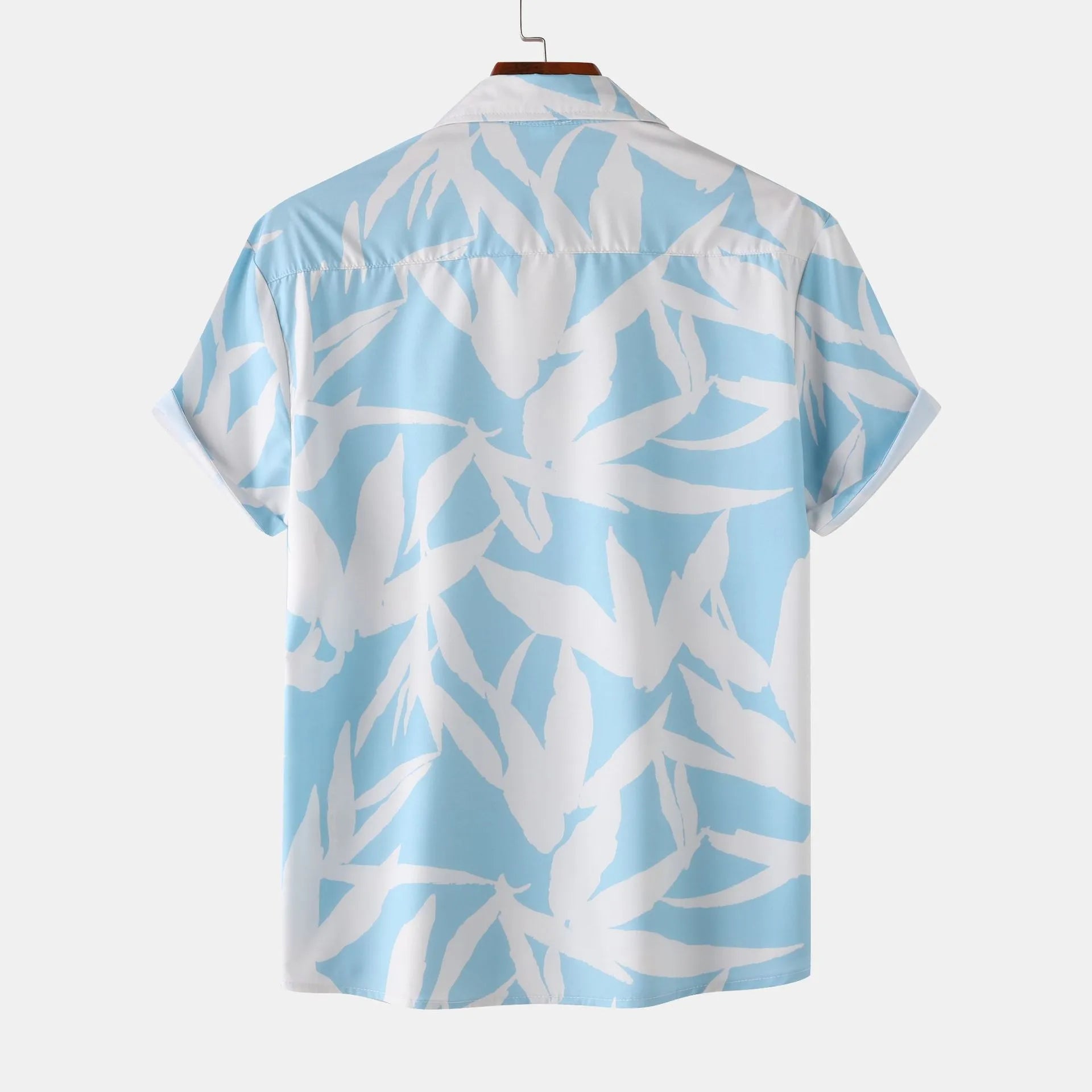 Men’s printed short-sleeve button-up shirt in light blue with back view abstract leaf pattern.