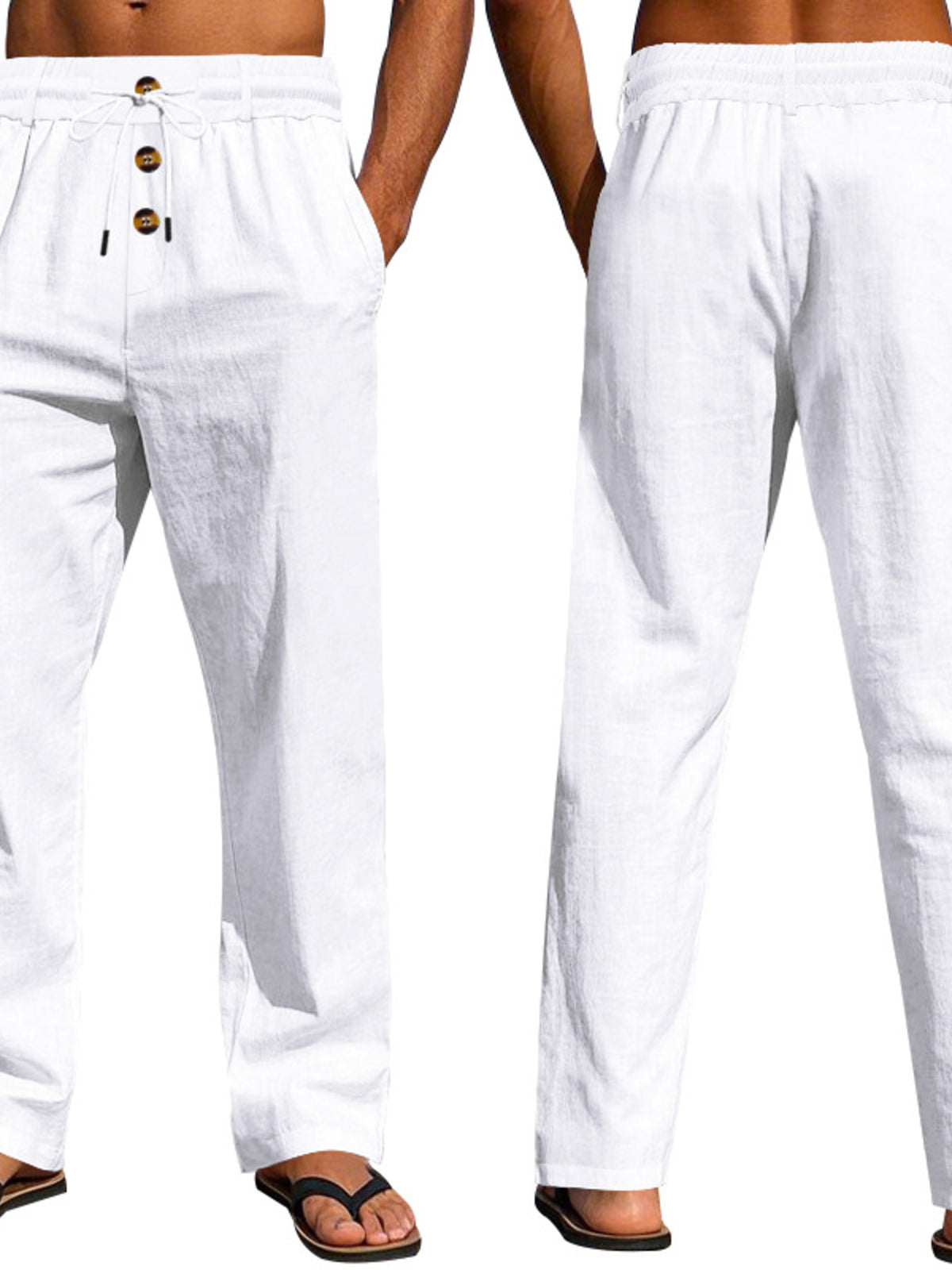 Men’s lightweight drawstring pants, white, side view showing relaxed fit and elastic cuffs