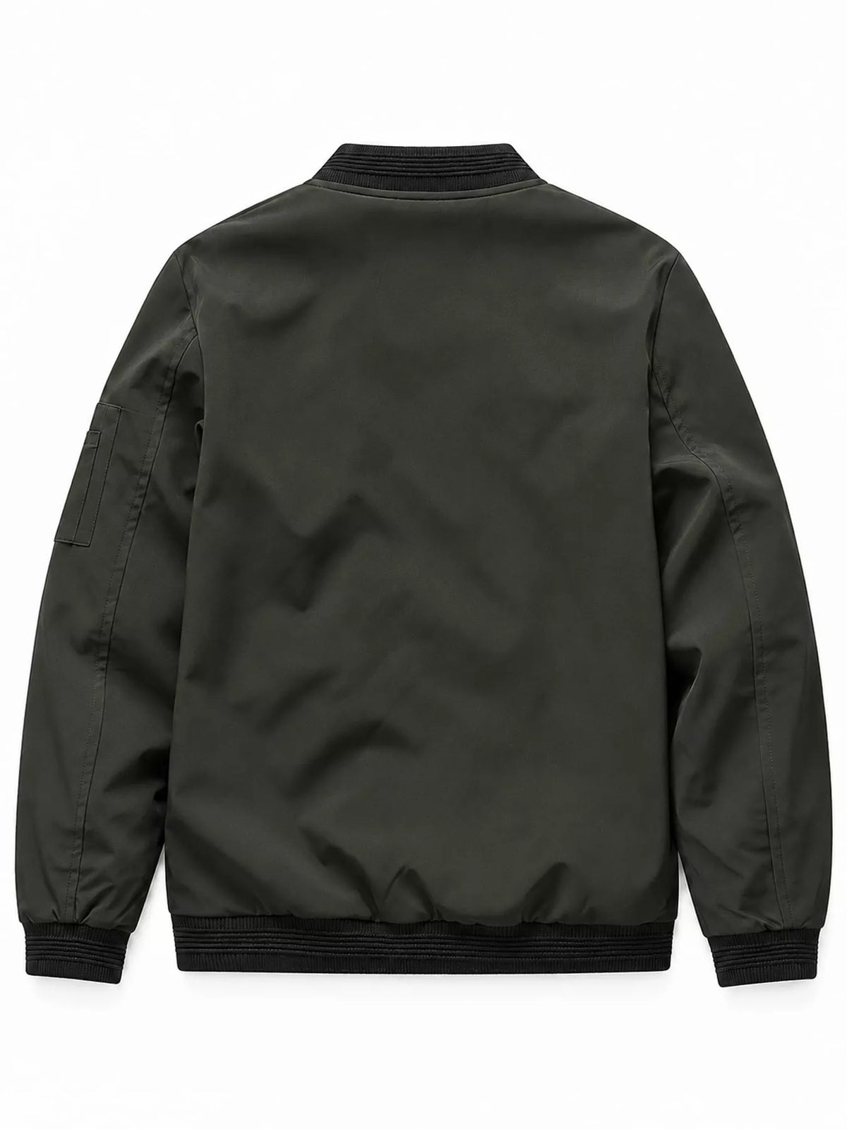 Men's lightweight dark gray bomber jacket, back view, ribbed hem and knit cuffs