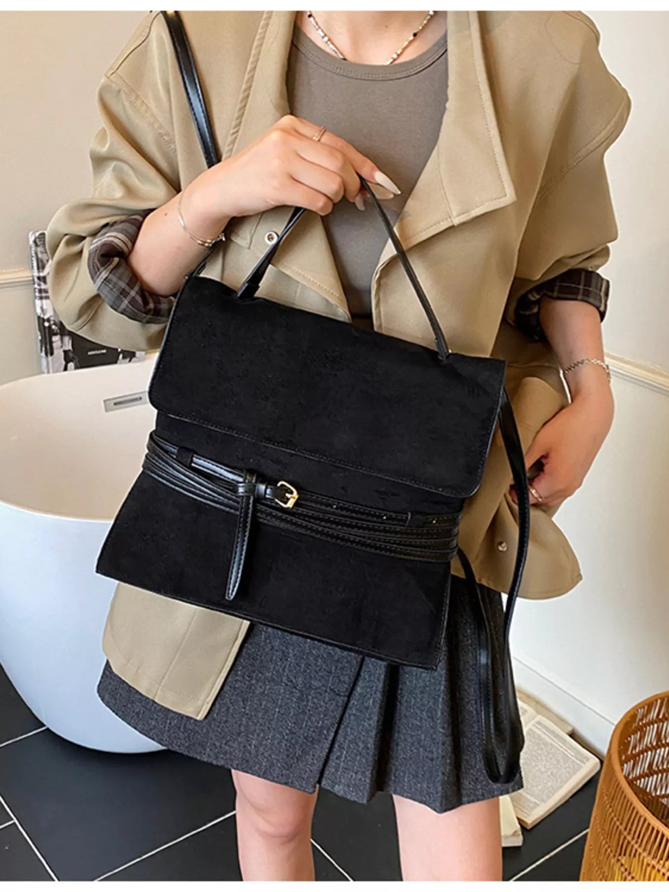 Cedar & Moore Suede Leather Belt Decor Backpack Bag, black, medium