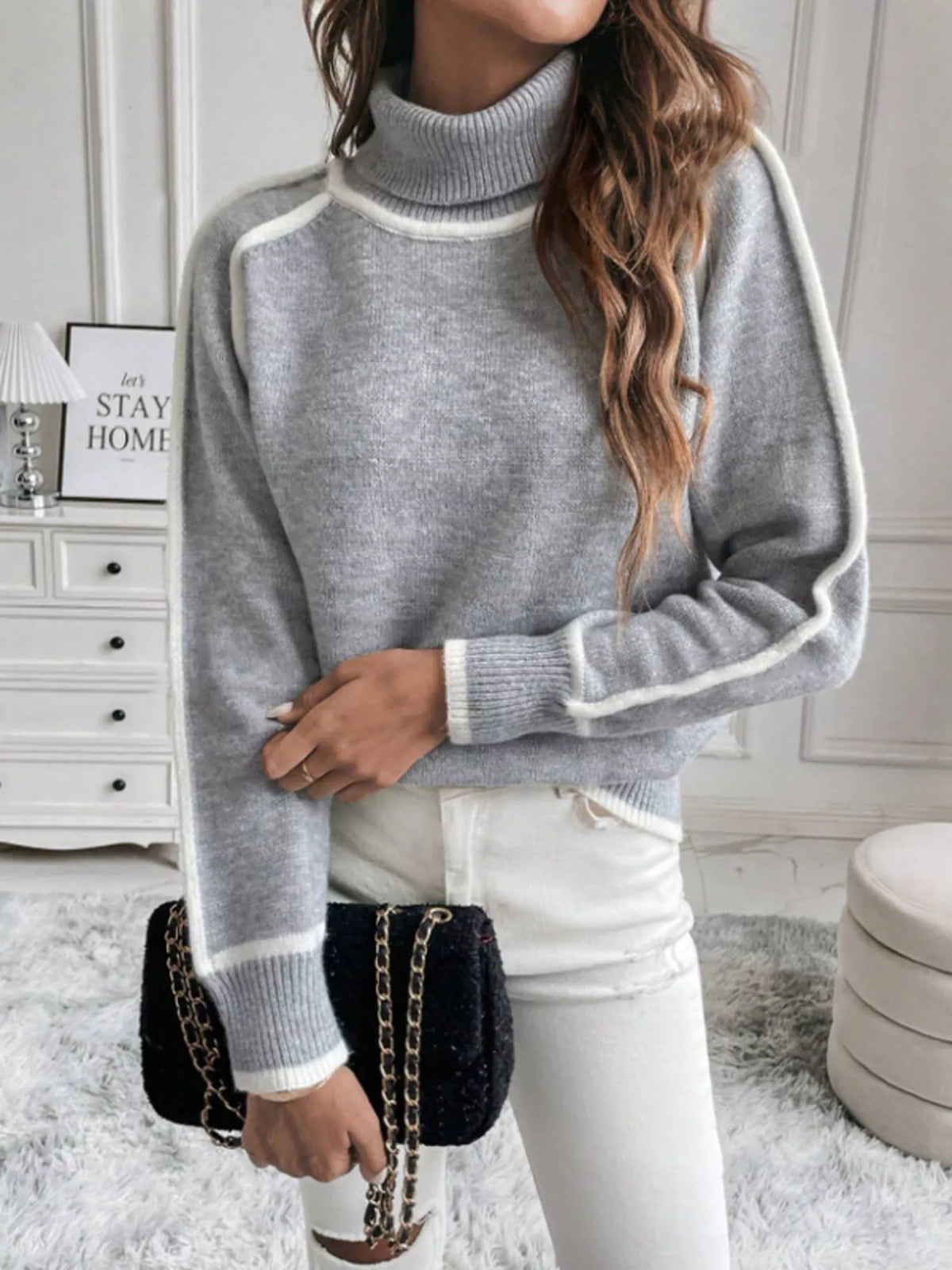 Heather gray turtleneck sweater with white contrast ribbed collar and sleeve stripe detail