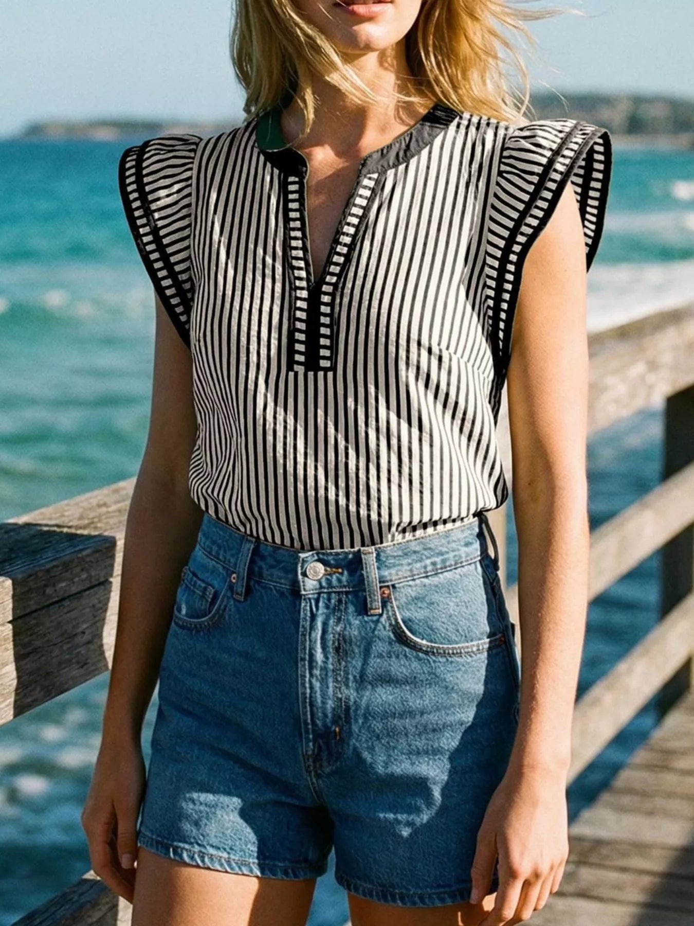 Striped ruffle-sleeve blouse, black and white, casual women's top